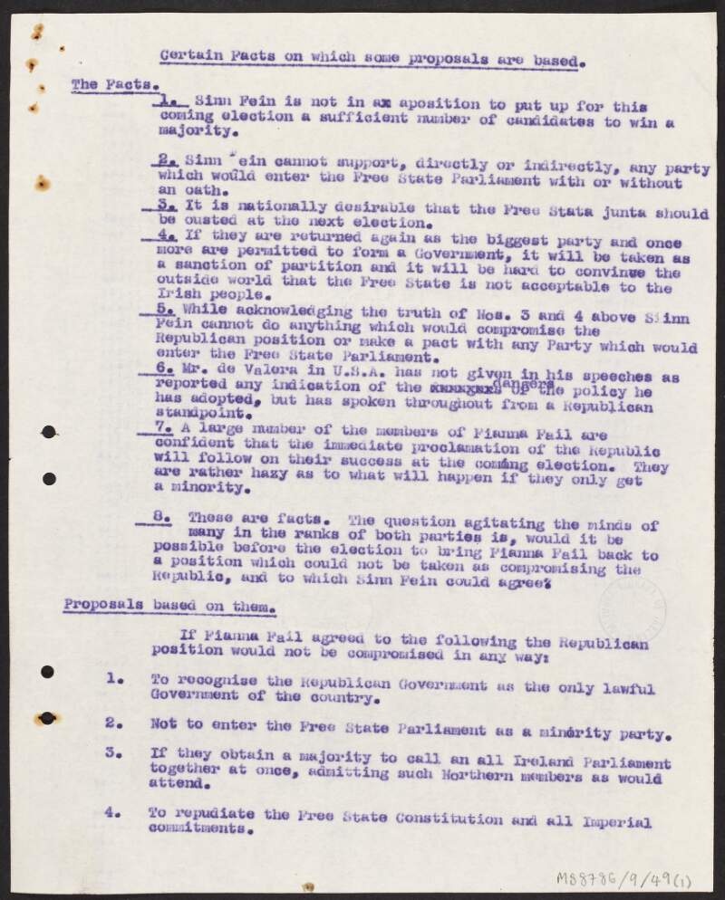 Notes titled "Certain facts on which some proposals are based" regarding the Free State Government and proposals for an agreed Republican Government,