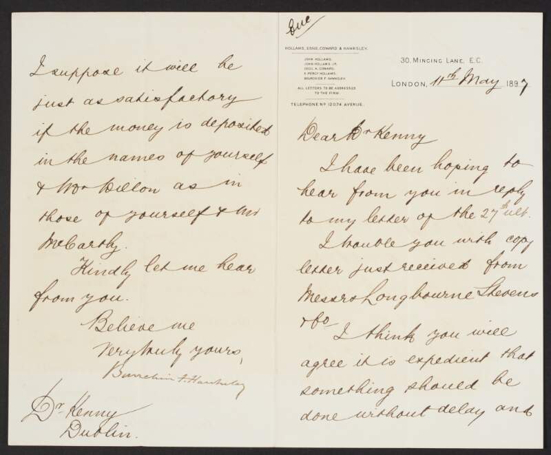 Letter from Bourchier F. Hawksley, 30 Mincing Lane, London, to  J. E. Kenny, enclosing a copy letter from Longborn Stevens & Co, on arrangements for a transfer of the Paris Funds in the event of Justin MacCarthy's death,