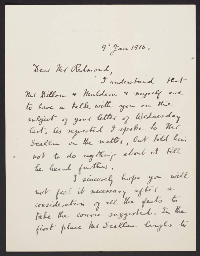 Letter from Richard Hazleton, Ivy Bank, Blackrock, Co. Dublin, to John Redmond, regarding a court case with Tim Healy relating to the petition which unseated Hazleton from the North Louth constituency,