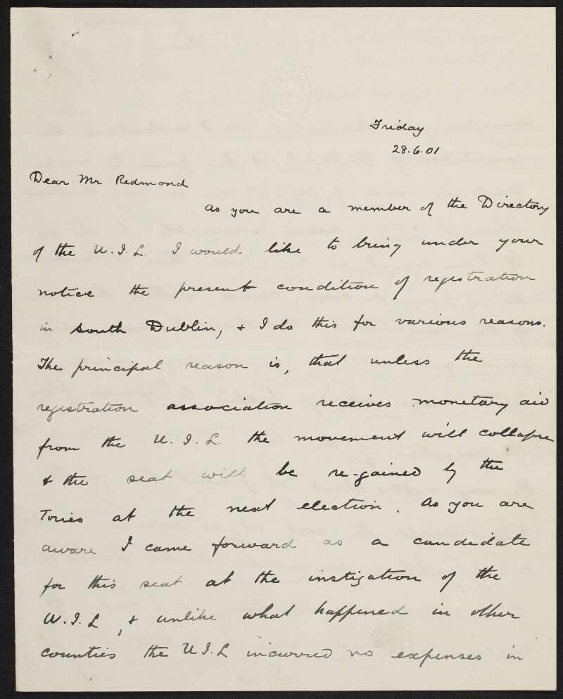 Letter from John J. Mooney, House of Commons, London, to John Redmond, discussing the registration of the South Dublin Constituency, which has cost him a great personal sum, and enclosing two letters from John A. Kavanagh,