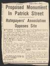 Newspaper cutting from the 'Echo' entitled 'Proposed Monument in Patrick Street - Ratepayers' Association Opposes Site',