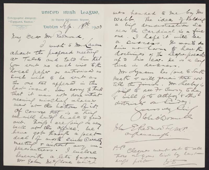 Letter from John O'Donnell, United Irish League, Dublin, to John Redmond, regarding a proposed meeting and the idea of holding a big demonstration near Cardinal Logue,