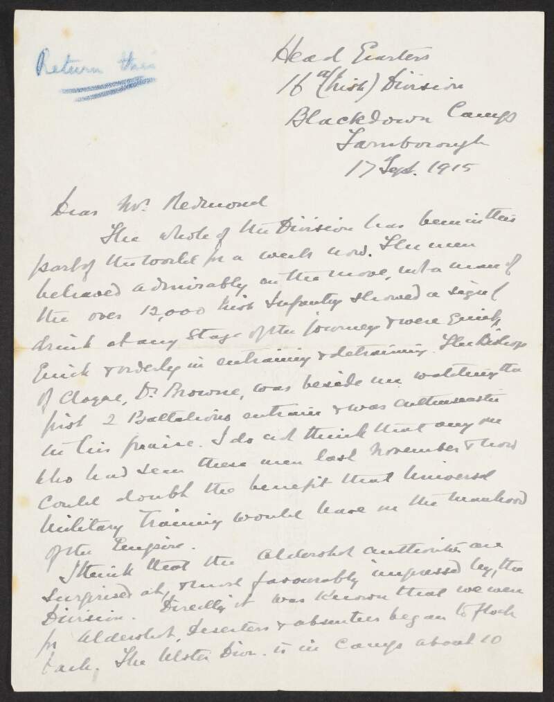 Letter from Lawrence W. Parsons, Co. Cork, to John Redmond, on the admirable conduct of the 16th Irish Division during their transfer to Farnborough, Hampshire, England,