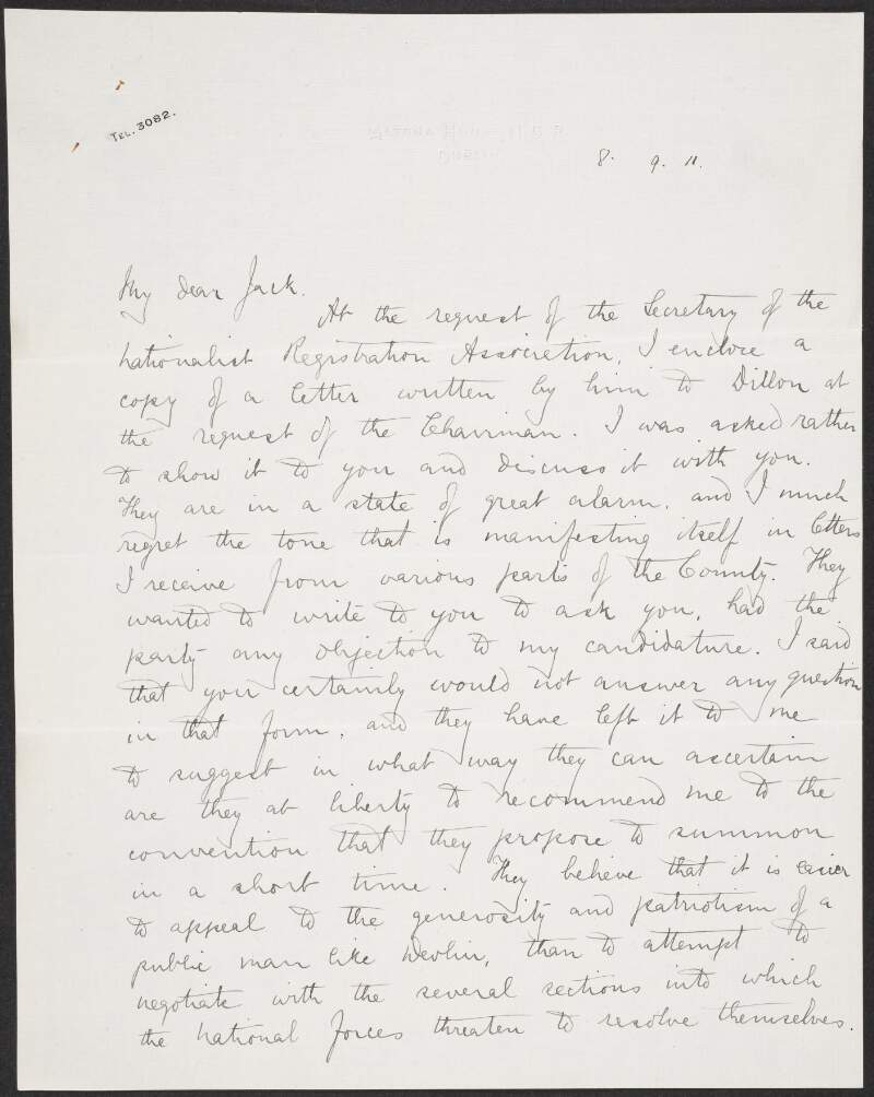Letter from Alexander Martin (A. M.) Sullivan, Altona House, North Circular Road, Dublin, to John Redmond, enclosing a letter from Edward Gallagher to John Dillon, dated 1911 Aug. 3, discussing the North Tyrone elections,