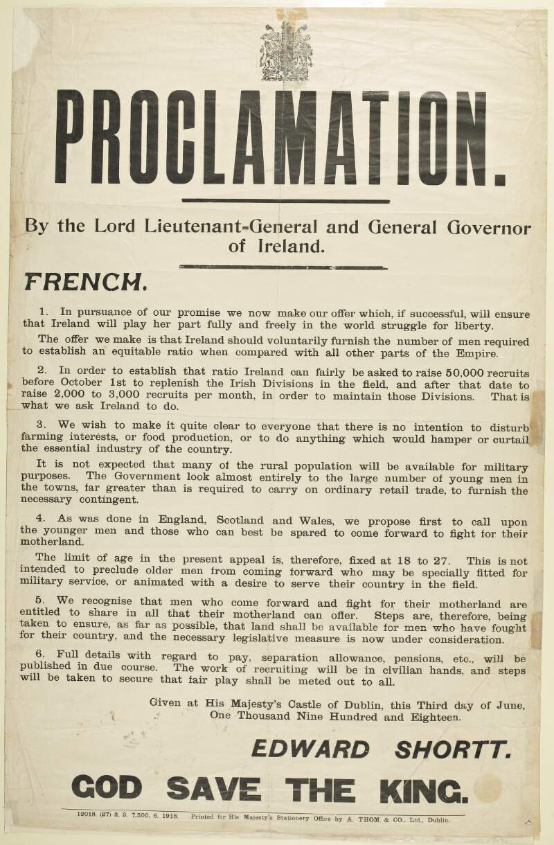 Proclamation By the Lord Lieutenant - General and General Governor of Ireland [John Denton Pinkstone] French