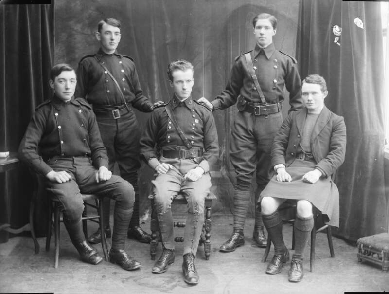 [Fianna Éireann Council, 1915. Left to right: Front row: Patrick Holohan, Michael Lonergan and Con Colbert. Back row: Garry Holohan and Padraig Ryan]