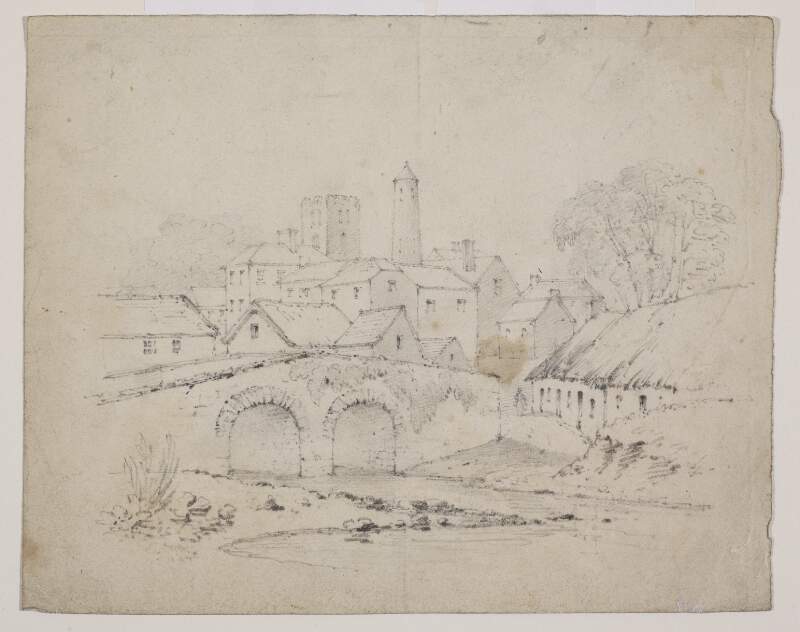 [The round tower, old church and bridge over the river Camma at Clondalkin, Dublin]