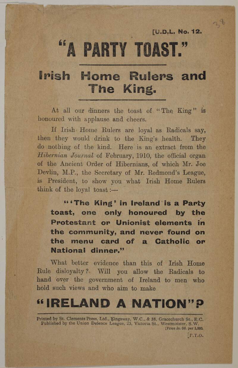 "A party toast". Irish Home Rulers and the King.