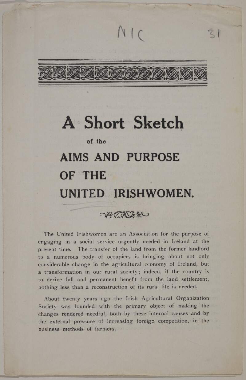 A short sketch of the aims and purpose of the United Irishwomen.