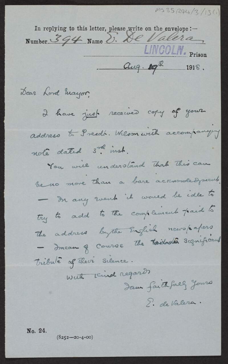 Letter from Éamon De Valera to Laurence O'Neill, Lord Mayor of Dublin, thanking O'Neill for a copy of the Mansion House Conference address to President Woodrow Wilson,