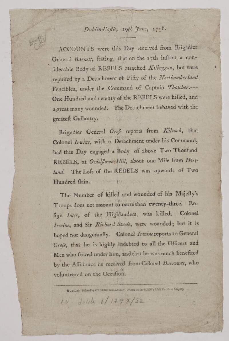 Accounts were this day received from Brigadier General Barnett, stating, that on the 17th instant a considerable body of rebels attacked Kilbeggan, ...