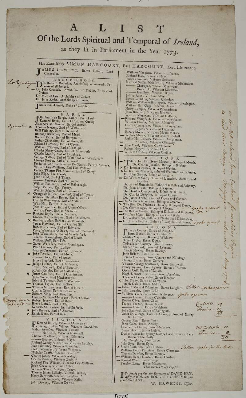 A list of the lords spiritual and temporal of Ireland, as they sit in Parliament in the year 1773.