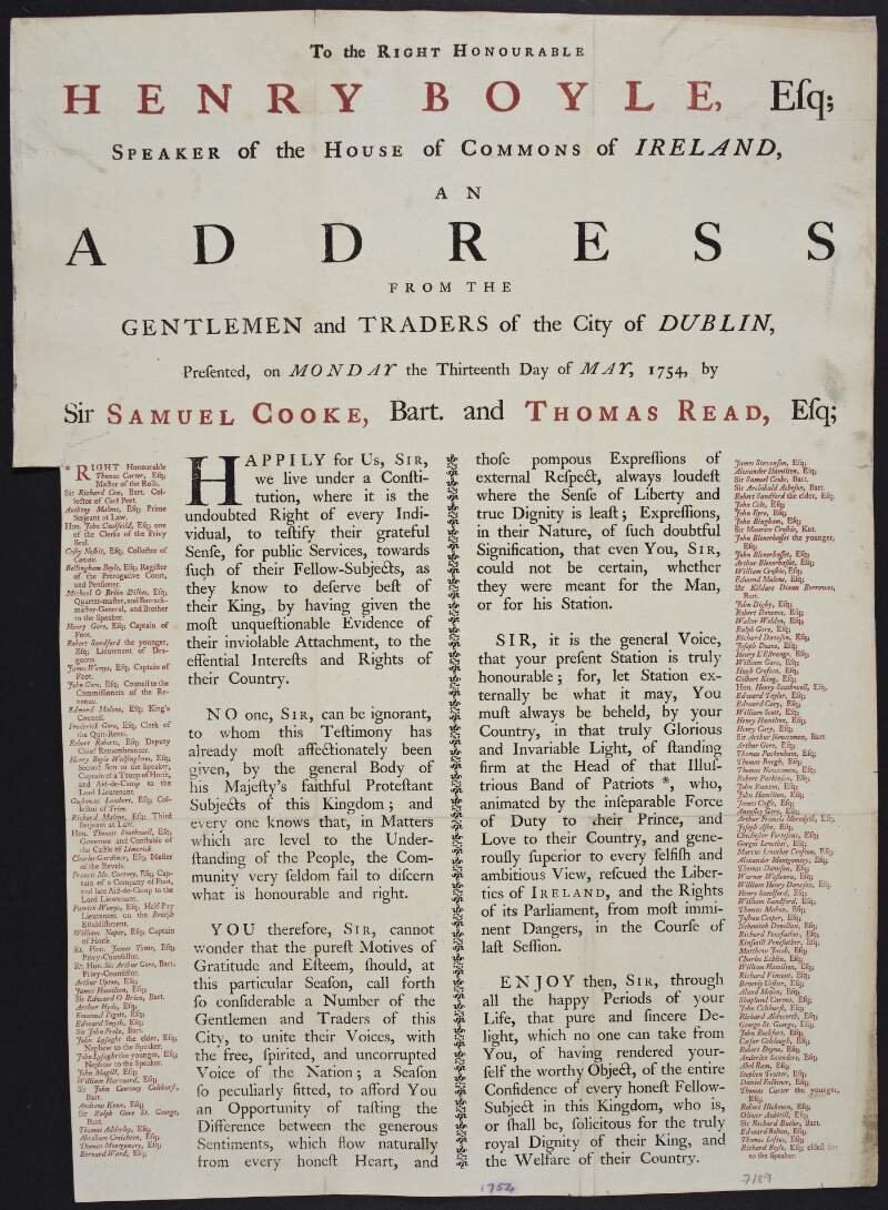 To the Right Honourable Henry Boyle, Esq; Speaker of the House of Commons of Ireland, an address from the gentlemen and traders of the city of Dublin, presented, on Monday the thirteenth day of May, 1754, by Sir Samuel Cooke, Bart. and Thomas Read, Esq;
