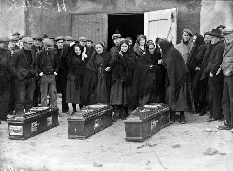 [Mourners with coffins prior to the funerals, following Arranmore boating tragedy]