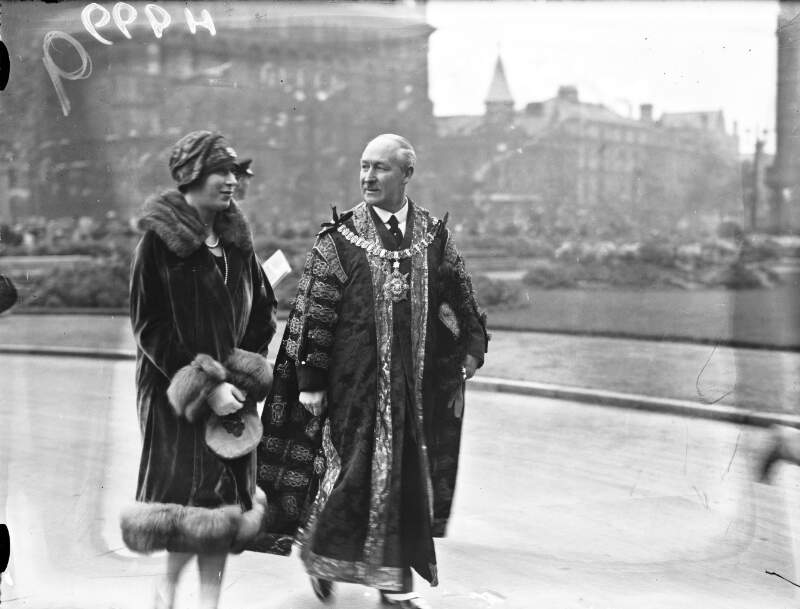[Princess Mary, Vicountess Lascelles with the Lord Mayor of Belfast, William George Turner]