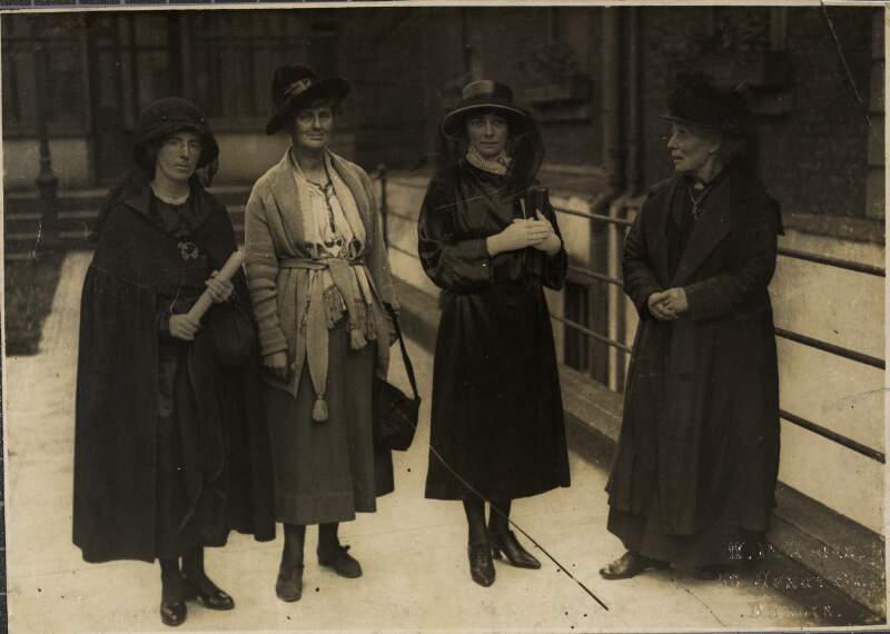[Peace meeting at Mansion House, Dublin: left to right, Mrs. Tom Clarke, Countess Markievicz, Mrs. O' Callaghan and Mrs. Pearse]