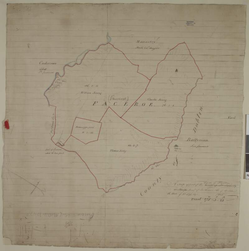 A map of part of the lands of Fassaroe in the barony of Rathdown and County of Wicklow the estate of William Tighe 1805.  Names of tenants and acreage of holdings shown.