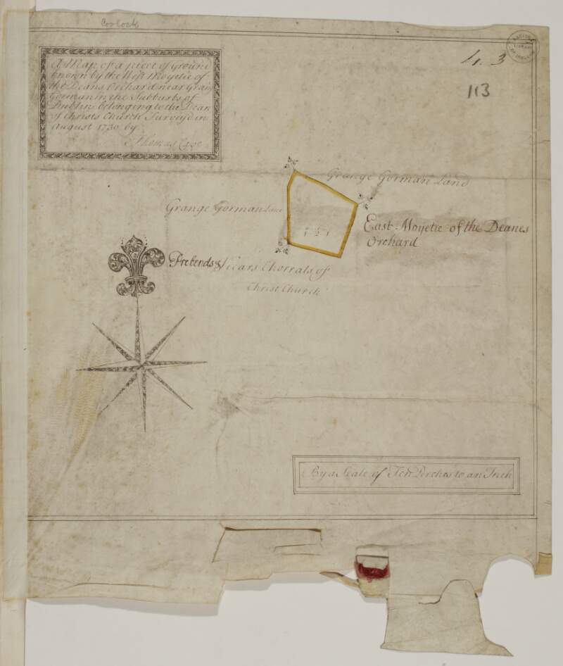 A map of a piece of Ground known by the West Moyetie of the Dean's Orchard near Grange Gorman in the subburbs of Dublin belonging to the Dean of Christs Church.  Surveyed in August 1730 by Thomas Cave.  Scale 10 Perches to an Inch