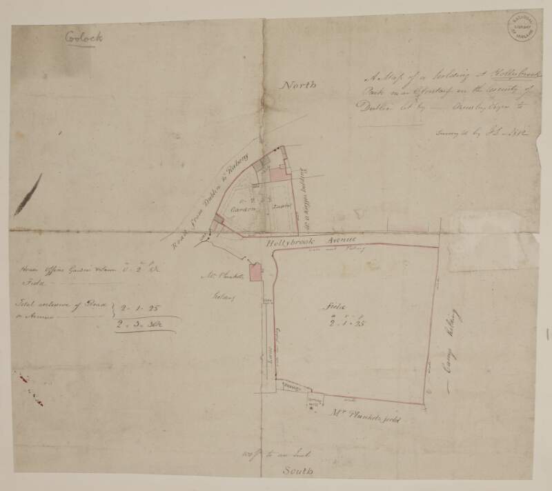 A map of a holding at Hollybrook Park near Clontarf in the County of Dublin let by [illegible] Armstrong Esq. To [illegible]  Surveyed by J.L. 1812. Scale 100 Feet to an Inch.