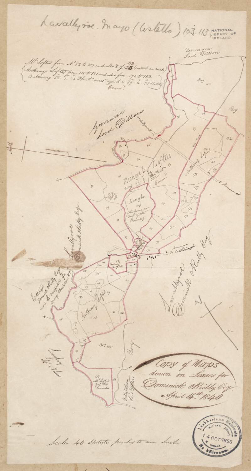 Copy of maps drawn on leases for Dominick O'Reilly [of lands at Levallyroe] in the barony of Costello and County of Mayo. April 14th 1840.  Scale 40 perches to an inch.