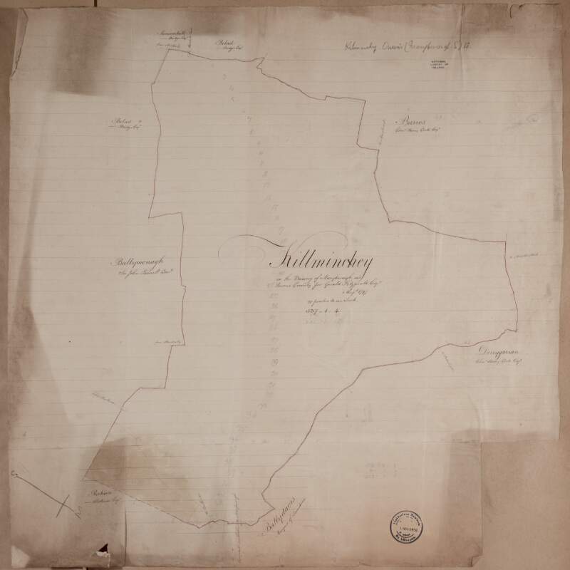 A map of Kilminchy in the barony of Maryborough East Queens County [Leix] for Gerald Fitzgerald. August 1797.  Scale 20 perches to an inch.  Names of adjoining owners shown.