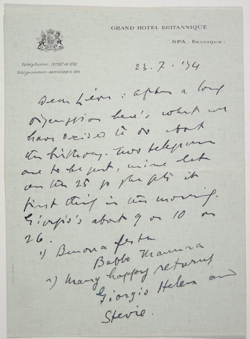Letter : from James Joyce, Grand Hôtel Britannique, Spa, Belgium to Paul Léon,