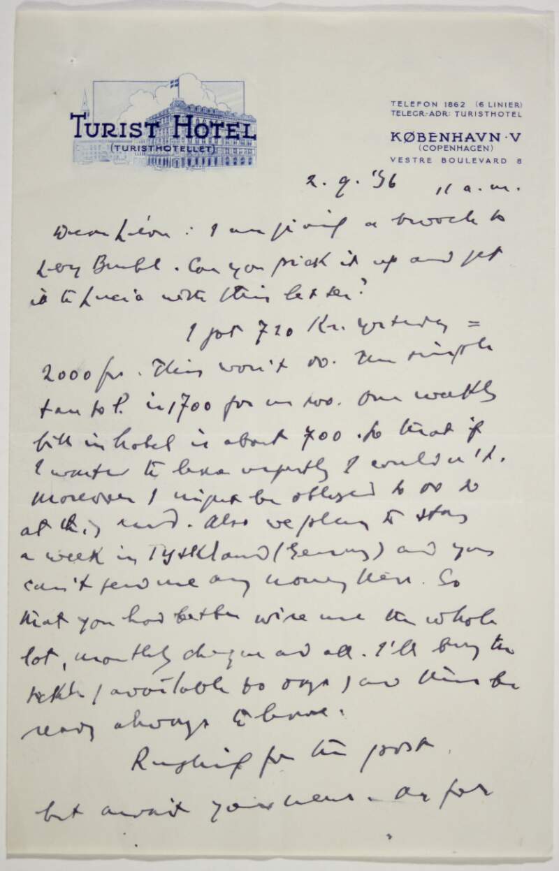 Letter : from James Joyce, Turist Hotel, Copenhagen to Paul Léon,