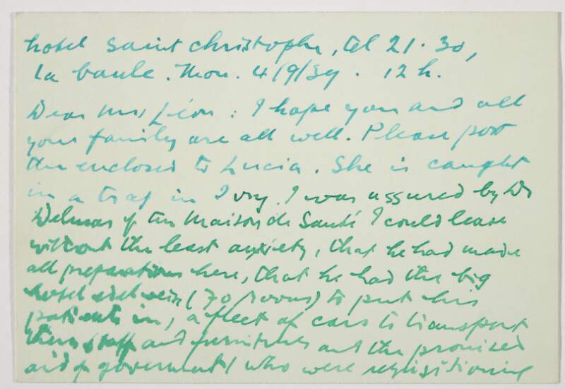 Letter : from James Joyce, Hôtel Saint Christophe, La Baule to Mrs Léon,
