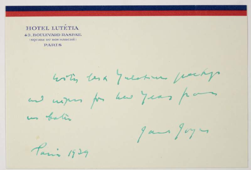 Postcard : from James Joyce, Hôtel Lutétia, Paris to Paul Léon,