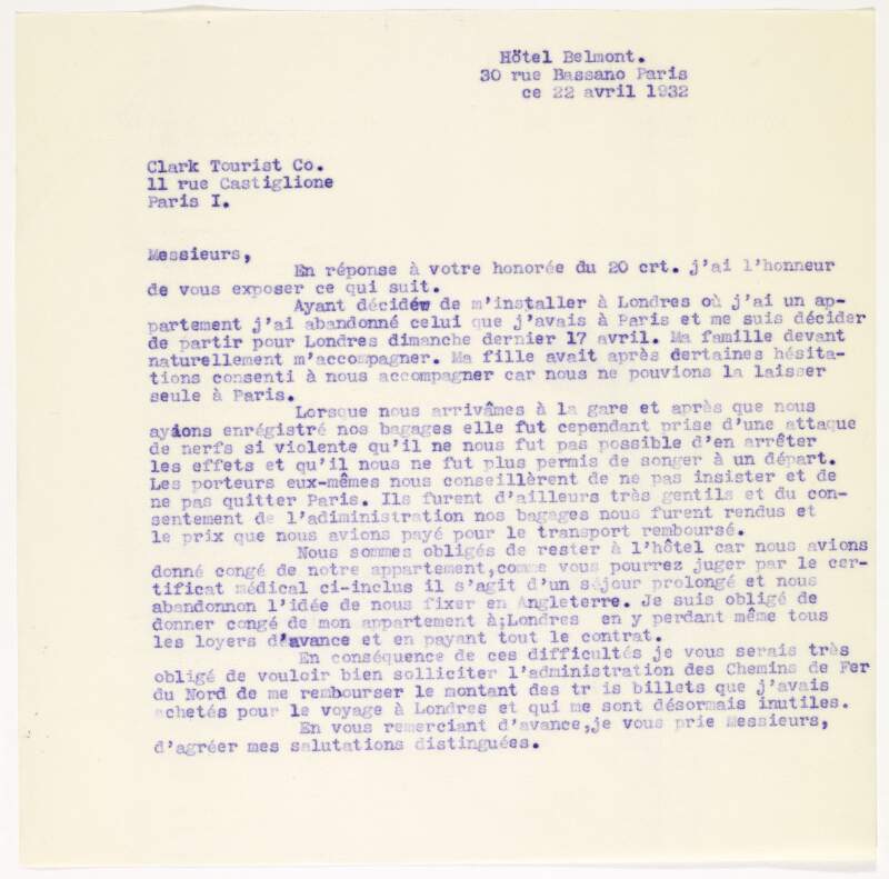 Letter : from James Joyce, Hôtel Belmont, 30 rue Bassano, Paris to Clark Tourist Co, 11 rue Castiglione, Paris,