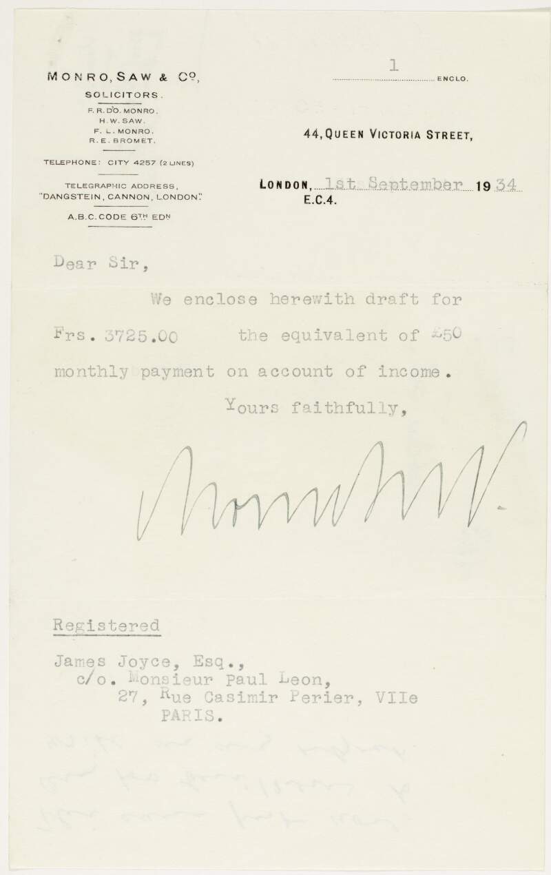 Letter : from Monro Saw & Co to James Joyce,