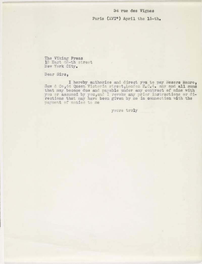 Letter : from James Joyce to The Viking Press,