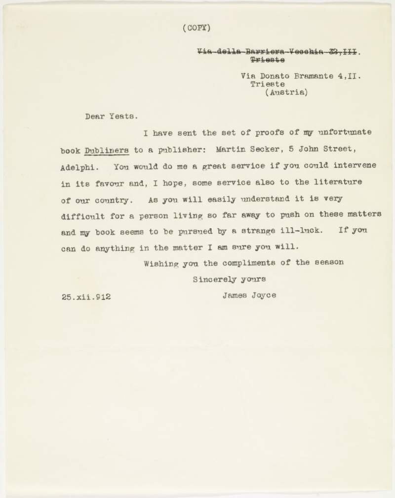 Letter : from James Joyce to W.B. Yeats,