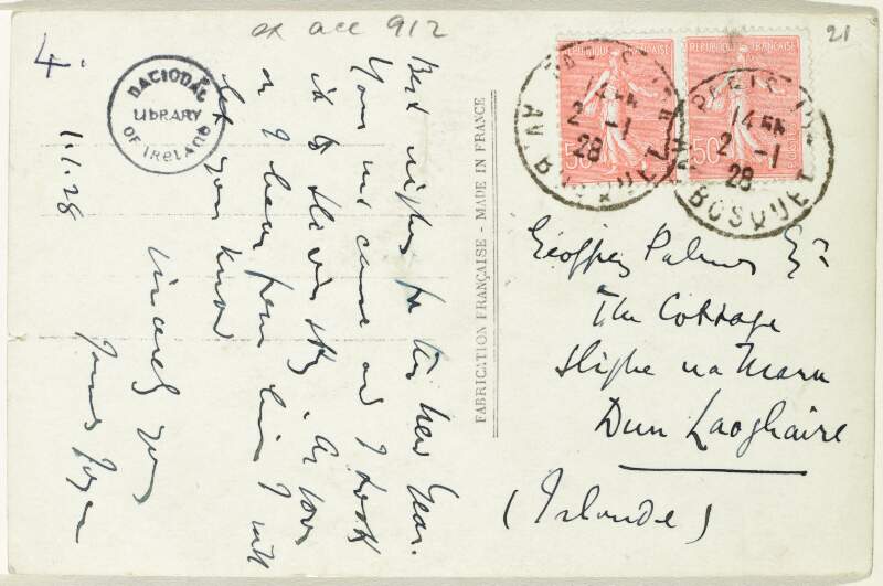 Postcard : from James Joyce to Geoffrey M. Palmer,