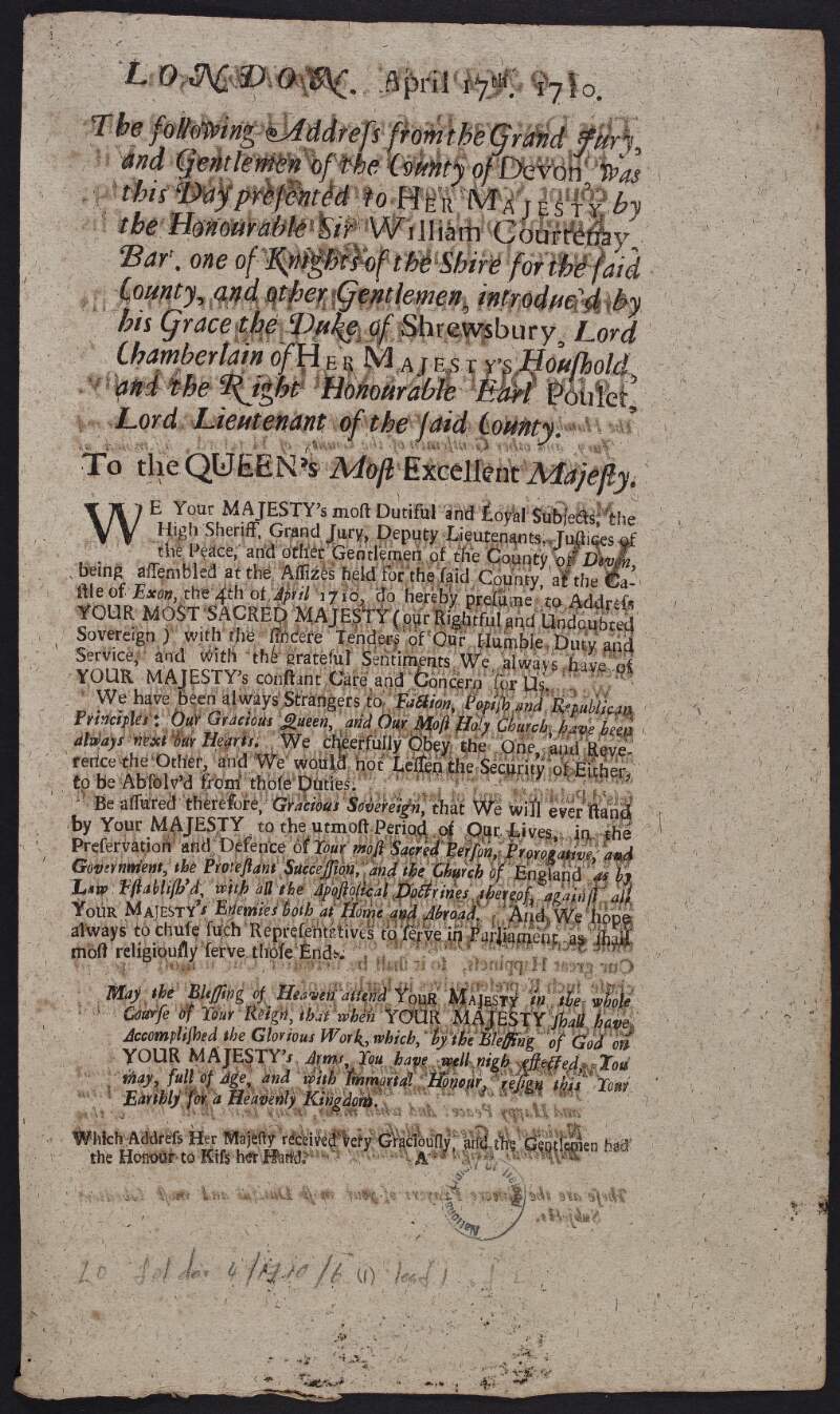 The following Address from the Grand Jury, and Gentlemen of the County of Devon, was this Day presented to Her Majesty by the Honourable Sir William Courtenay, Bart. ... and other gentlemen, ...