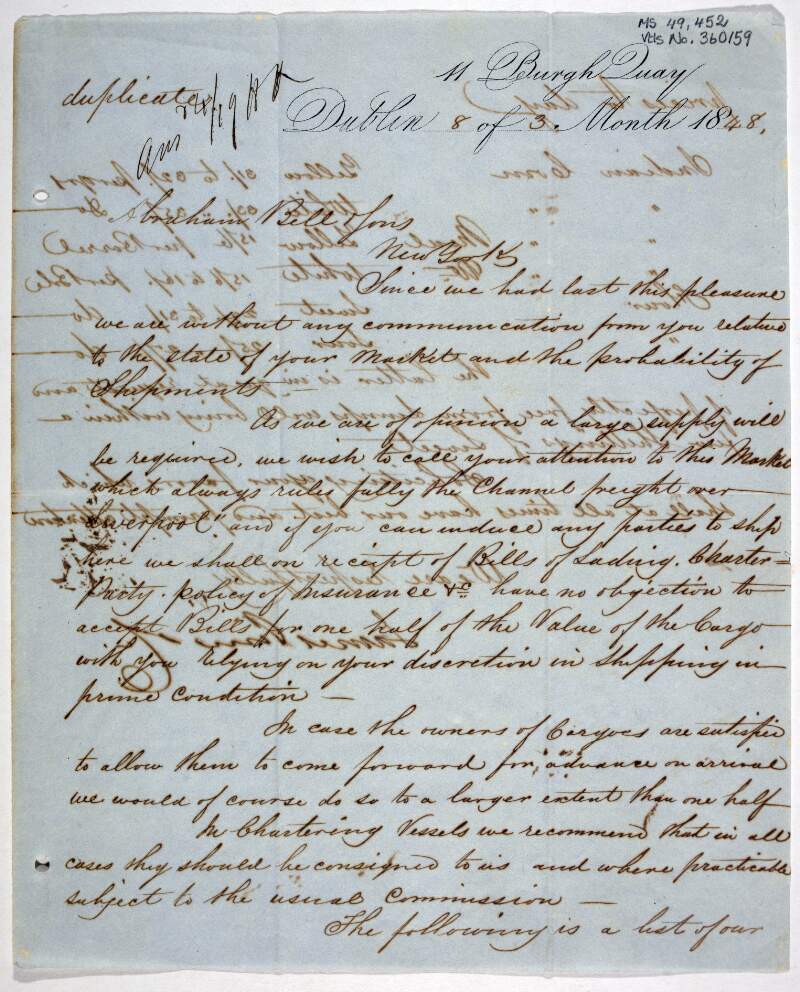 A manuscript letter from the merchant James Pim [of James Pim & Co.., 11 Burgh Quay] to Abraham Bell and Sons of New York arranging for imports of "Indian corn" [maize] to feed the starving;