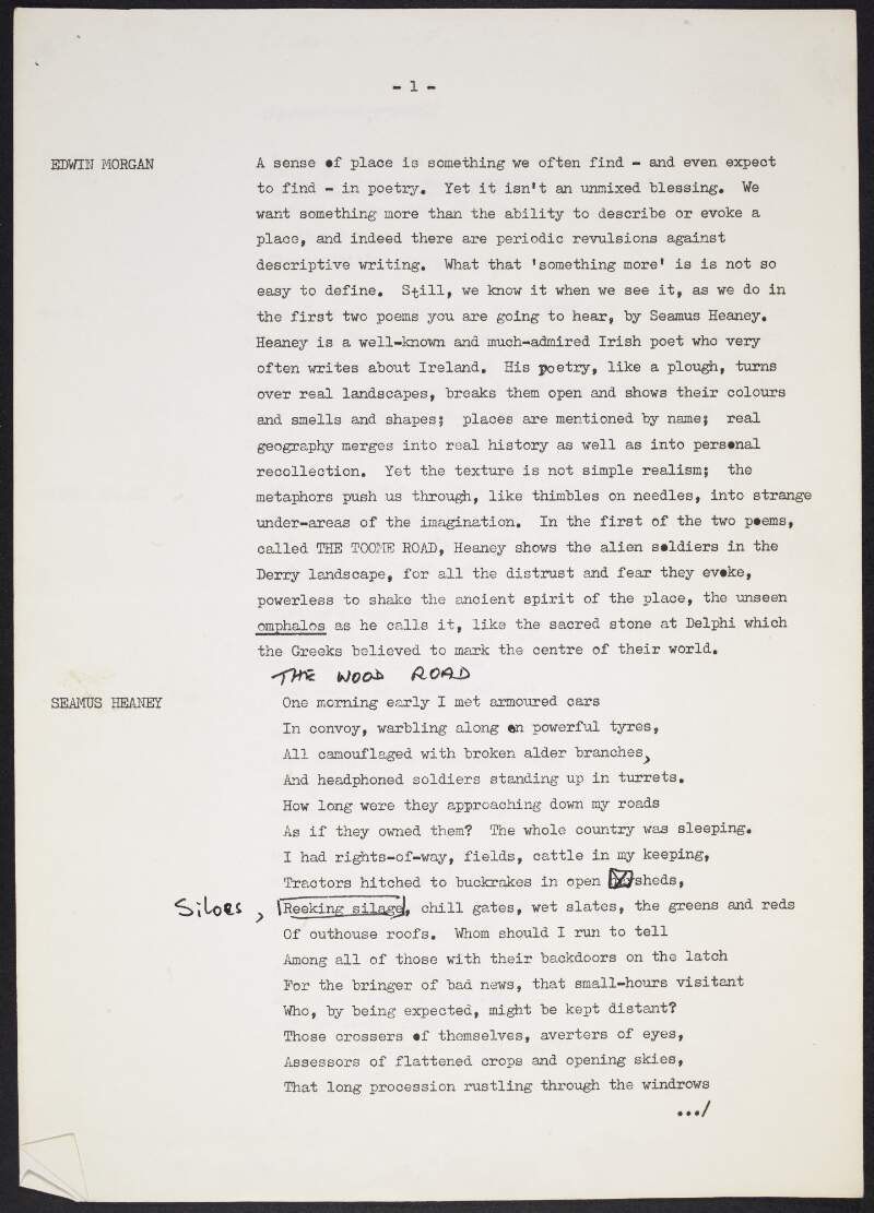 I.vii.7. Annotated typescript transcription of an interview between Seamus Heaney and Edwin Morgan,
