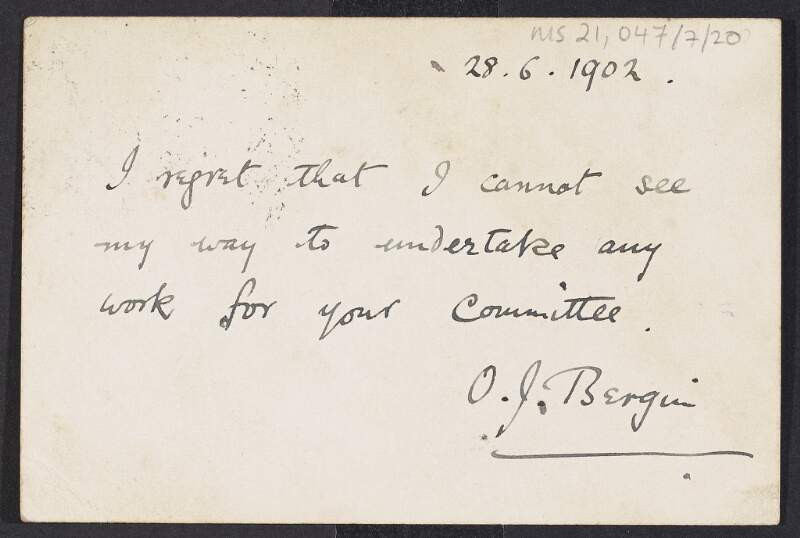 Postcard addressed to Patrick Pearse, Hon. Sec. Publication Committee, Gaelic League, from Osborn J. Bergin,