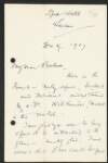 Letter from Roger Casement to Bulmer Hobson regarding his upcoming trip to Brazil, with references to a sketch titled 'Strangers in the House', Arthur Griffith, Sinn Féin, Agnes O'Farrelly and the Birrell University Bill,