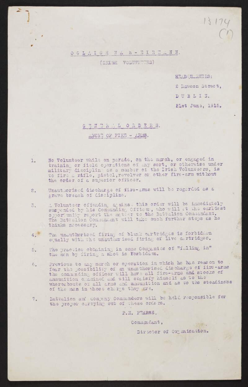 'Oglaigh na h-Eireann / (Irish Volunteers) / General Orders. / Abuse of Fire-Arms', issued by Patrick Pearse as Director of Organisation,