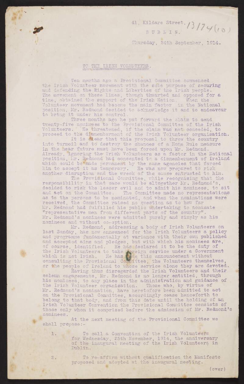 Circular letter from the Provisional Committee of the Irish Volunteers to the rest of the Volunteers, repudiating the actions of John Redmond,