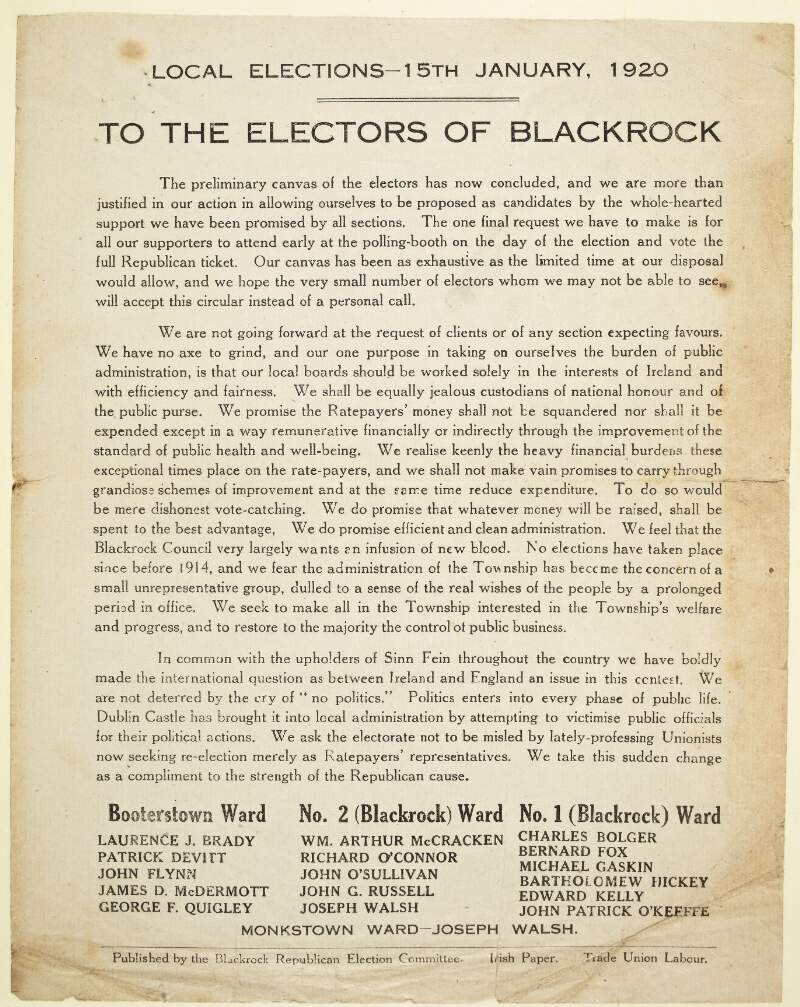To the electors of Blackrock: local elections 15th January 1920.