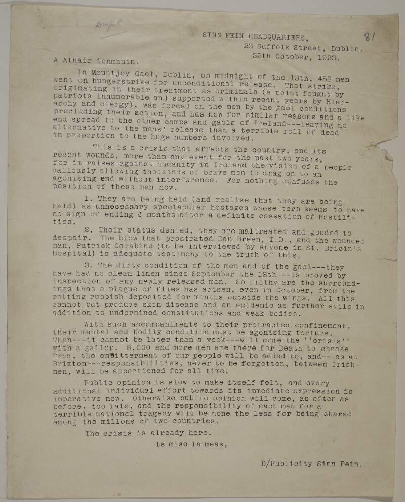 [Printed letter] from Sinn Fein Publicity Department, 25 October 1923 /