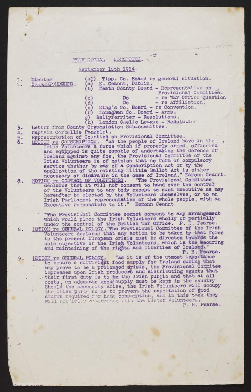 'Provisional Committee', memorandum for a meeting of the Provisional Committee of the Irish Volunteers outlining order of business,
