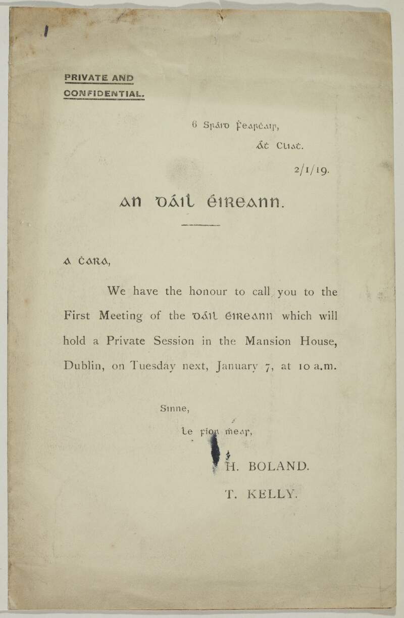 [Invitation to the first meeting of Dáil Éireann January 2nd 1919].