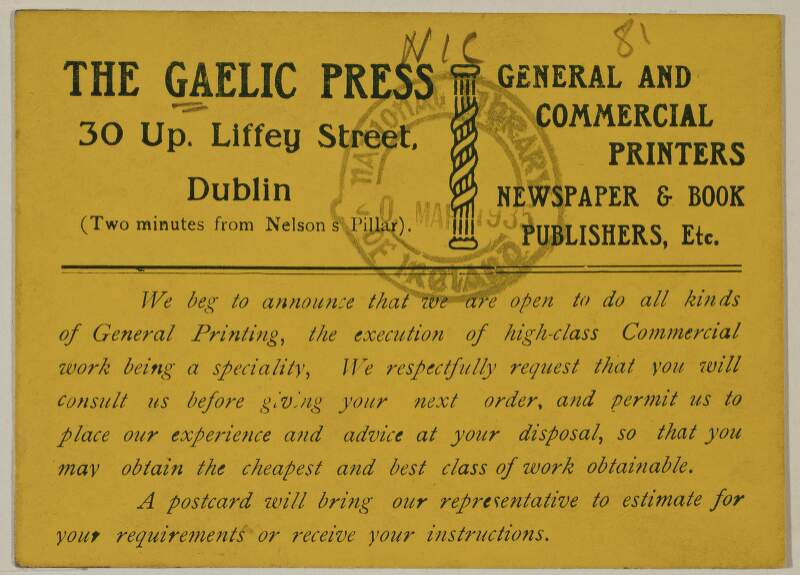 The Gaelic Press general and commercial printers : ...open to do all kinds of general printing... /