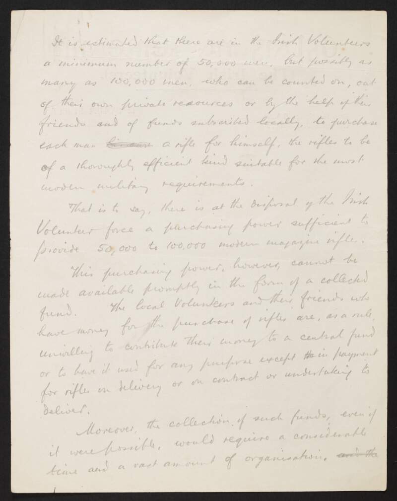Draft of a circular by Eoin MacNeill about the lack of funds for the Irish Volunteers and the need for fundraising committees,