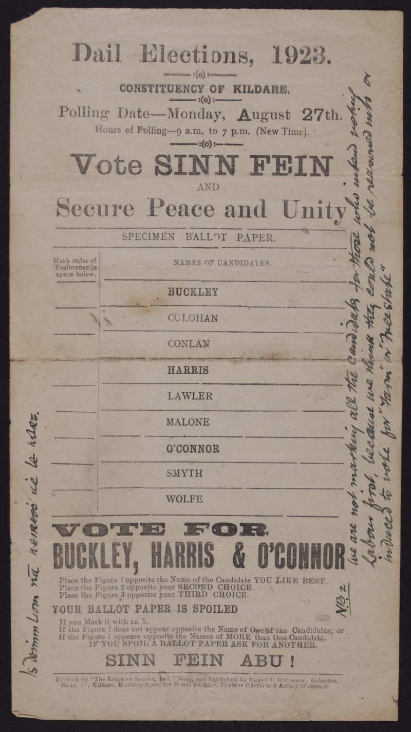 Vote Sinn Fein and secure peace and unity Dáil elections, 1923 : constituency of Kildare.