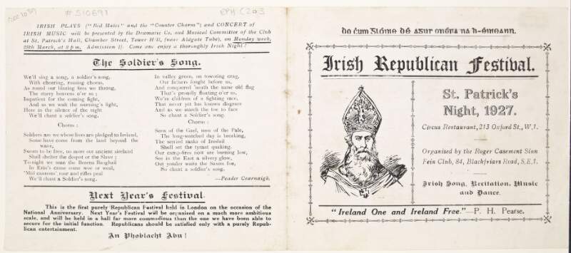 [Programme of the Irish Republican Festival St. Patrick's night 1927 at the Circus Restaurant, 213 Oxford St., London] /