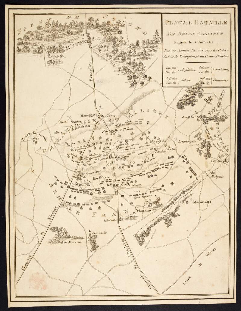 Plan de la bataille de Belle Alliance Gagnée le 18 Juin 1815 par les armées réunies sous les orders du Duc de Wellington, et du Prince Blucher.